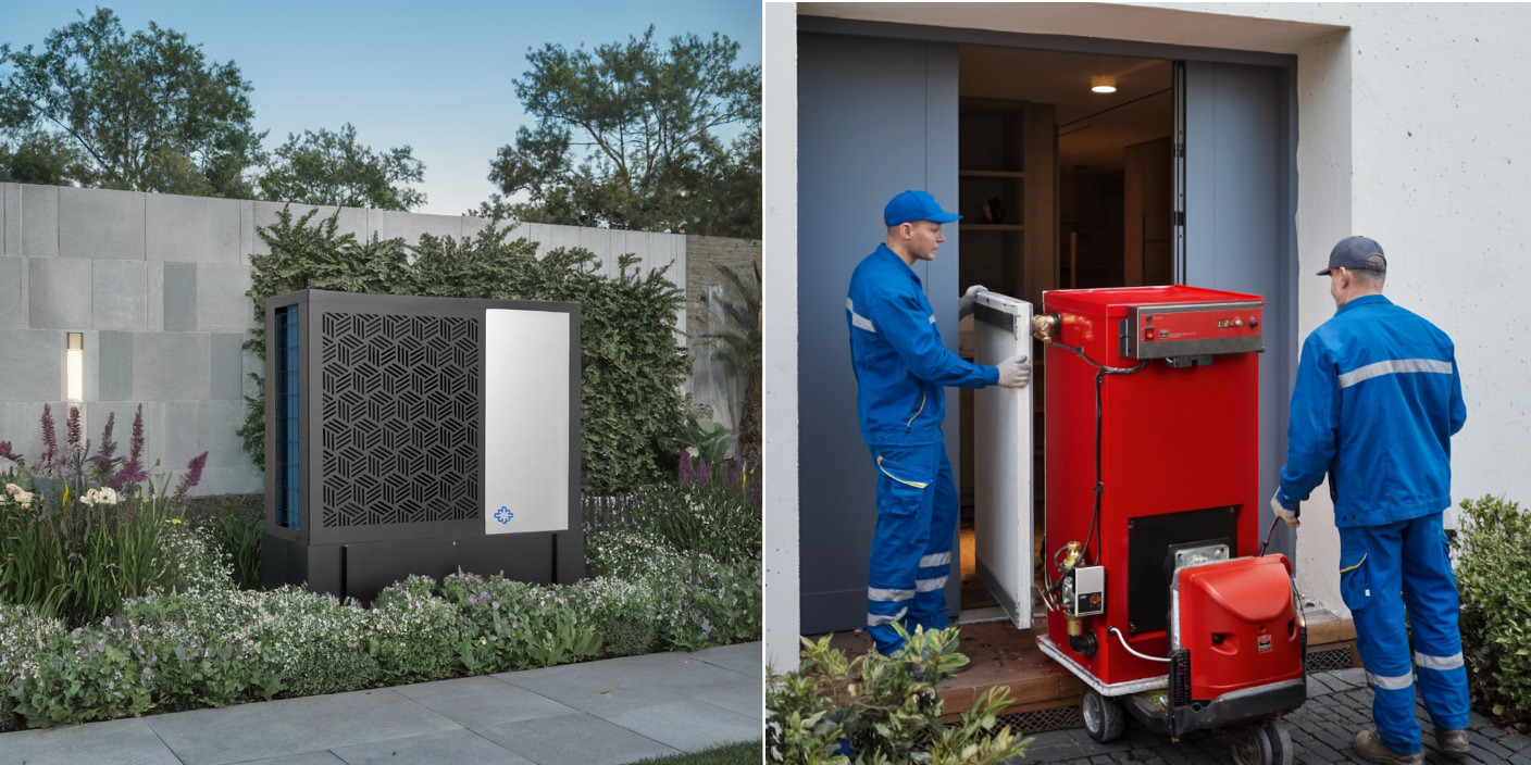 A design heat pump surrounded by plants, and workers taking away an old dirty gas heater